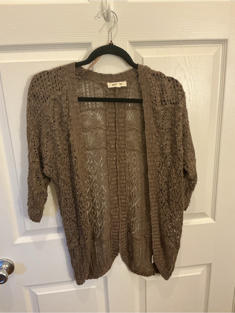 Pink Rose Open-Knit Taupe Brown Cardigan Sweater